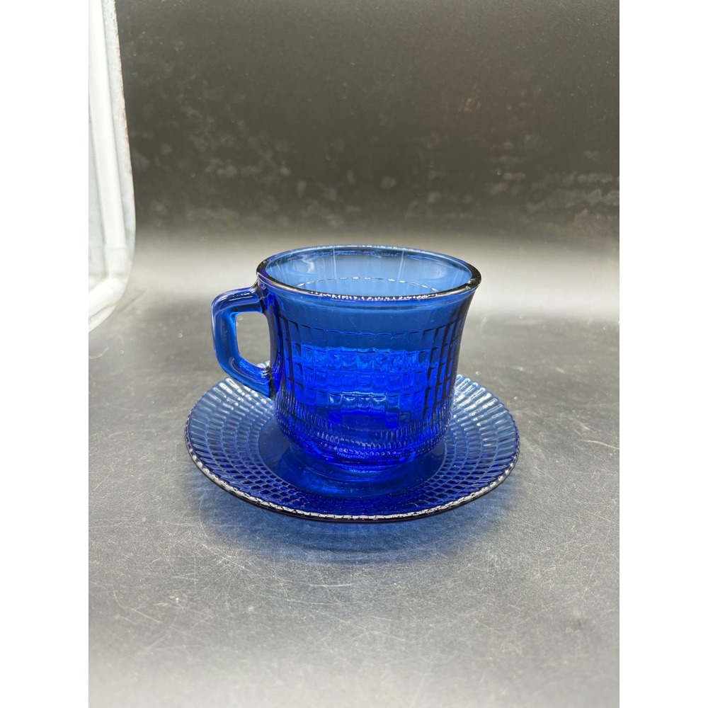 Vntg‎ Cobalt Blue Glass Cup and Saucer Set Waffle Block Pattern Depression Style